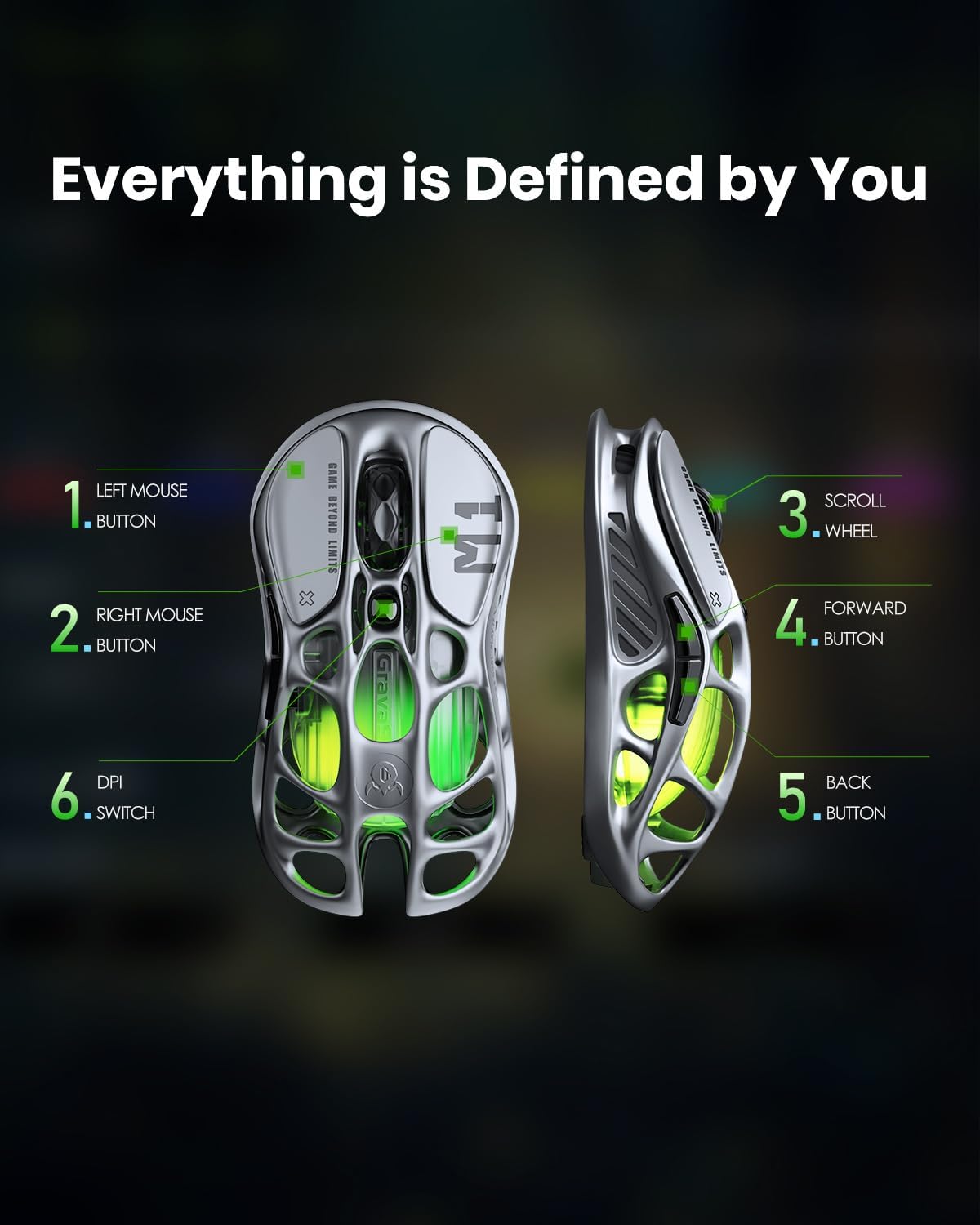 GravaStar Wireless Gaming Mice Mercury M1 Pro, Lightweight Magnesium Alloy Gaming Mouse, 26,000 DPI, PAW3395DM Sensor, Tri Mode Connection, Support 4K, Up to 200 Hours Battery Life - PuriLite
