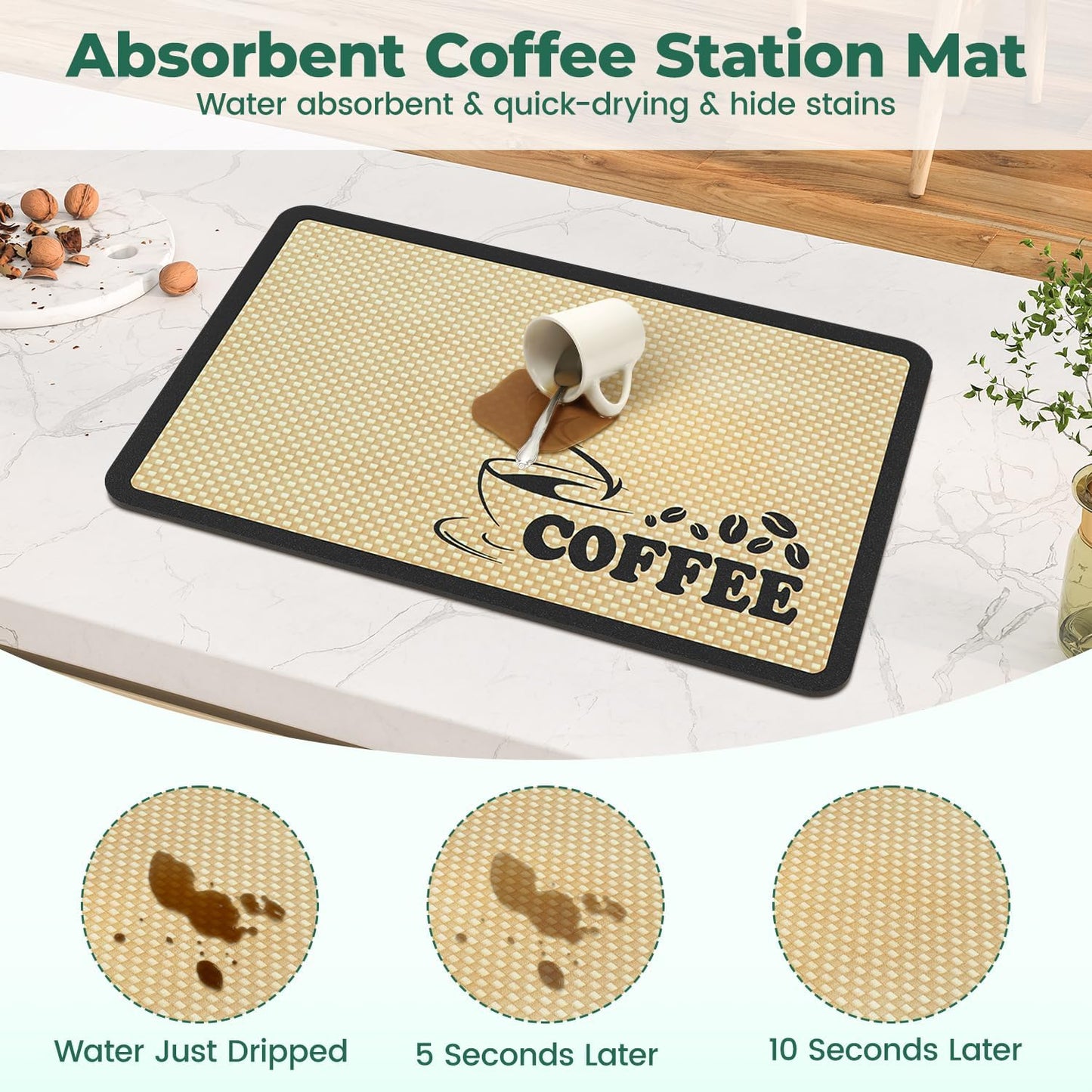 EsLuker.ly Coffee Mat for Bar Station, Rubber Backed Absorbent Dish Drying Pad for Kitchen Office Countertop, Fits Under Coffee Maker Pot or Espresso Machine, Hide Stains, 24''x16'', Beige - PuriLite