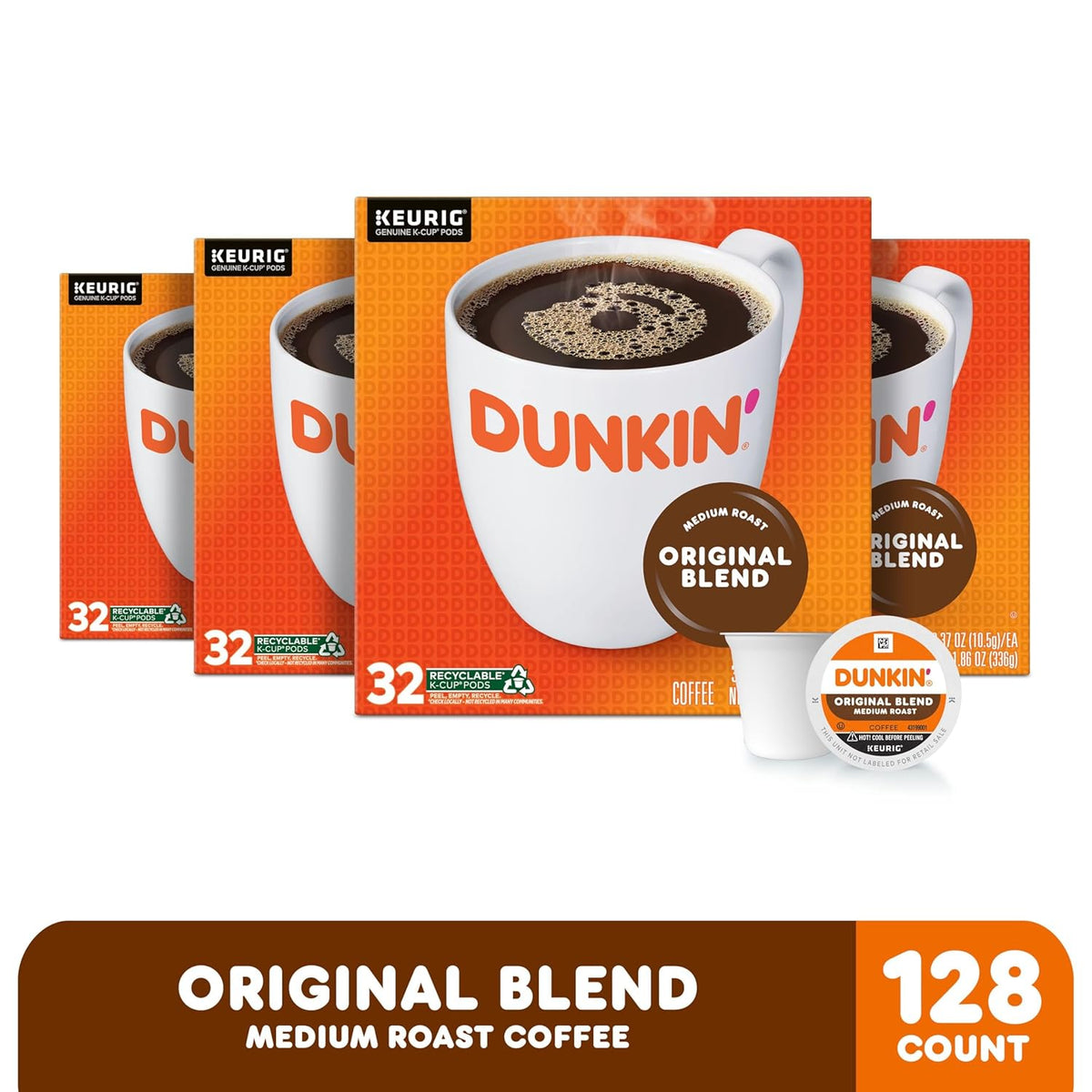 Dunkin' Original Blend Medium Roast Coffee, 128 Keurig K-Cup Pods - PuriLite