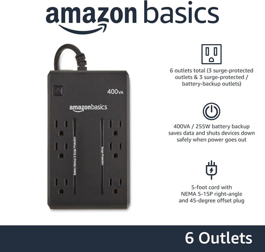 Amazon Basics Standby UPS Battery Backup 400VA 255W Surge Protector Uninterruptible Power Supply, 6 Outlets for Power Outage Protection, Compact, Black - PuriLite