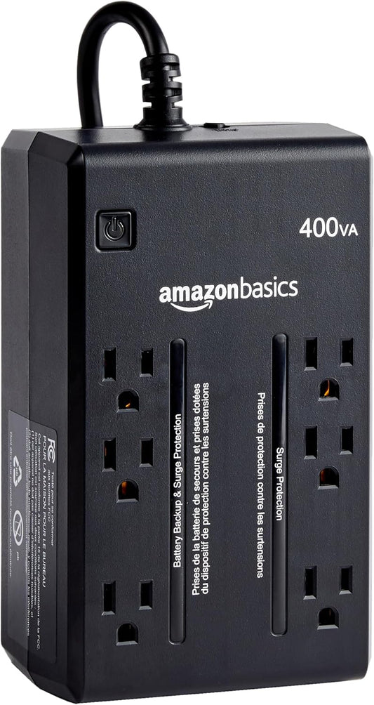 Amazon Basics Standby UPS Battery Backup 400VA 255W Surge Protector Uninterruptible Power Supply, 6 Outlets for Power Outage Protection, Compact, Black - PuriLite