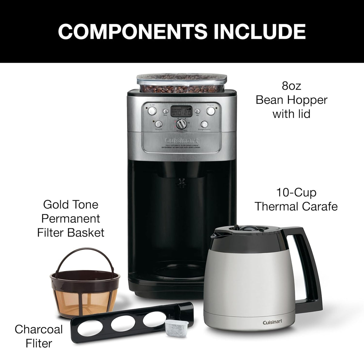 Cuisinart DGB-950BCC Burr Grind & Brew 10-Cup Automatic Coffeemaker, Thermal Carafe, Charcoal Water Filter, Programmable, Stainless Steel, Silver - PuriLite
