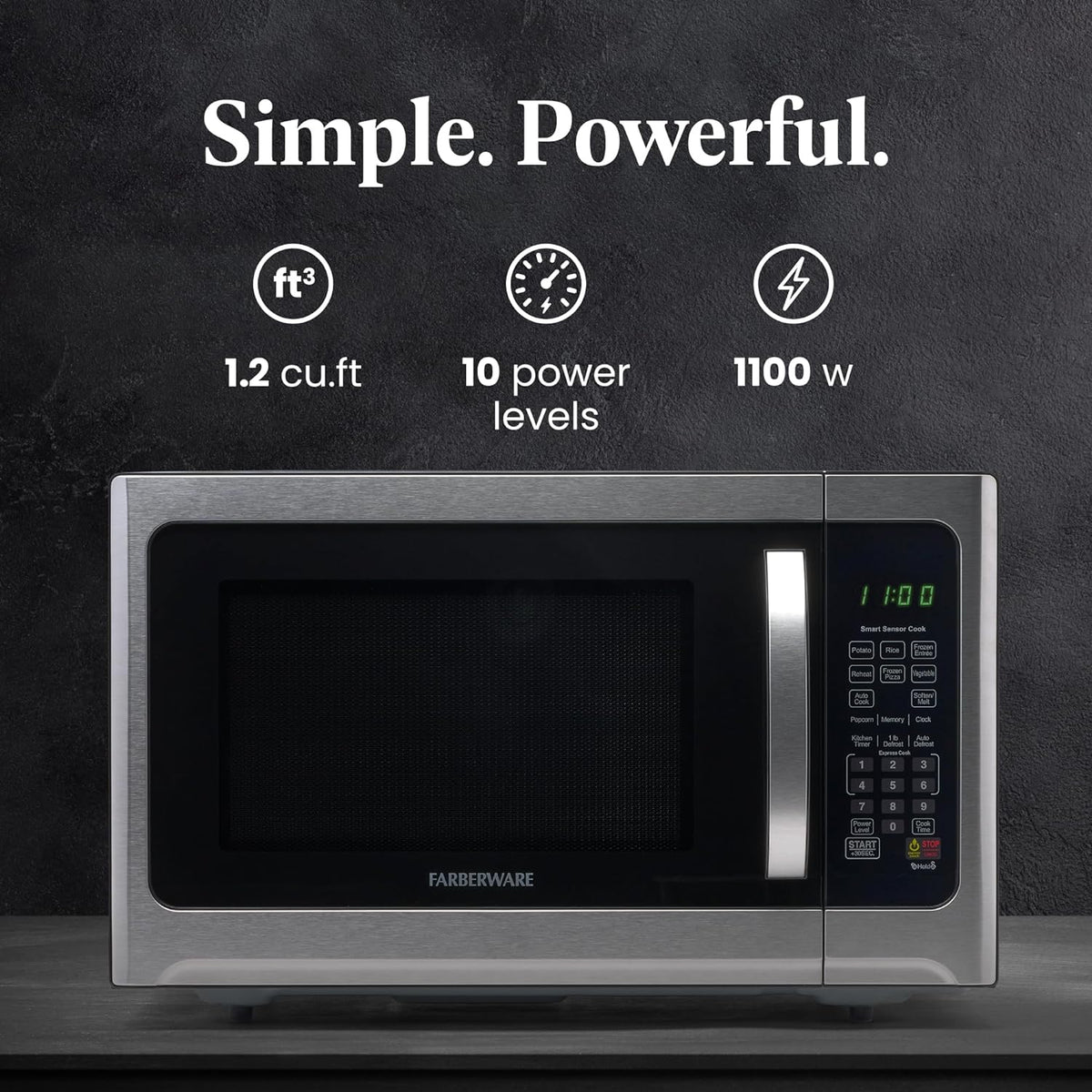 Farberware Countertop Microwave 1100 Watts, 1.2 cu ft - Smart Sensor Microwave Oven With LED Lighting and Child Lock - Perfect for Apartments and Dorms - Easy Clean Black Interior, Stainless Steel - PuriLite
