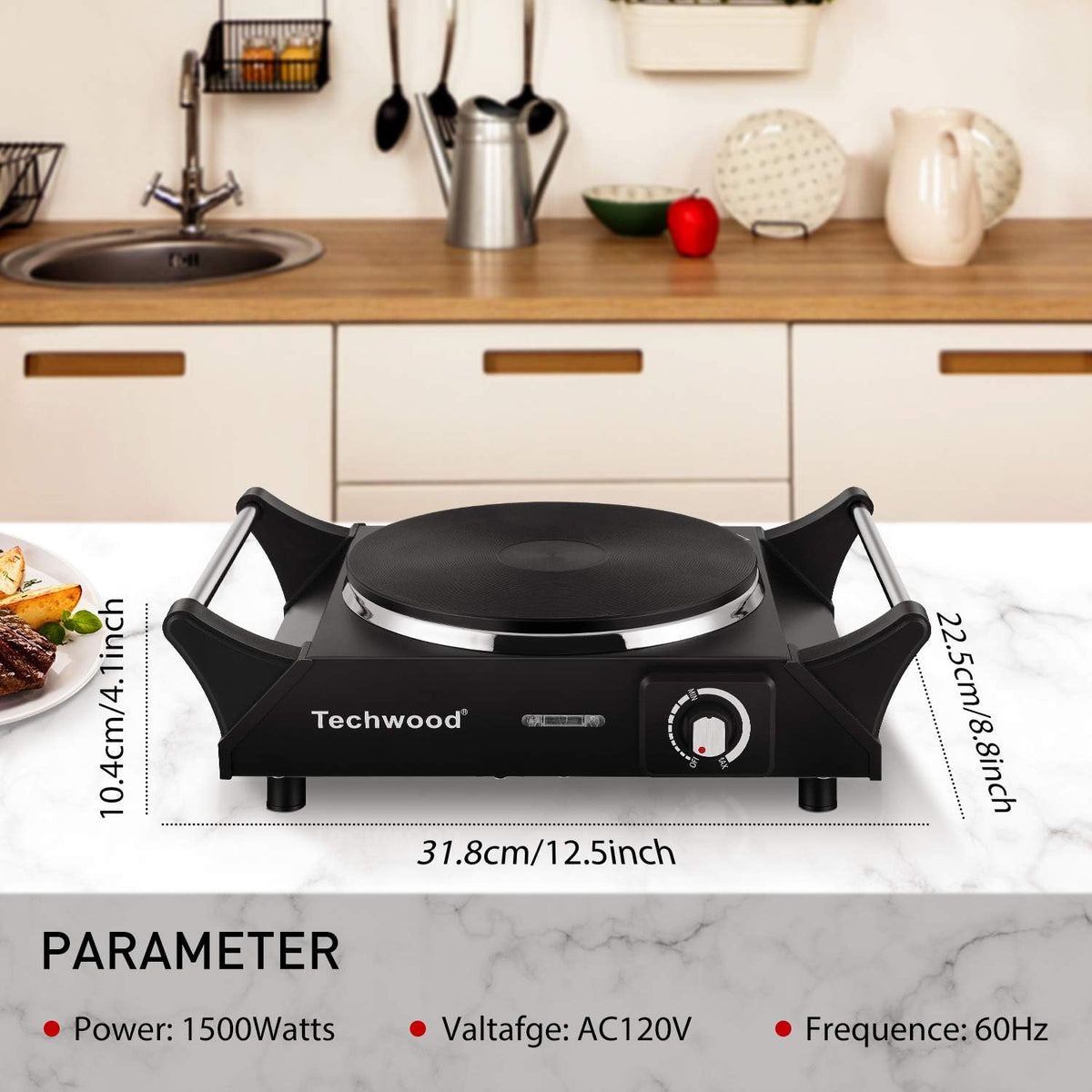 Techwood Hot Plate Portable Electric Stove 1500W Countertop Single Burner with Adjustable Temperature & Stay Cool Handles, 7.5” Cooktop for Dorm Office/Home/Camp, Compatible for All Cookwares - PuriLite