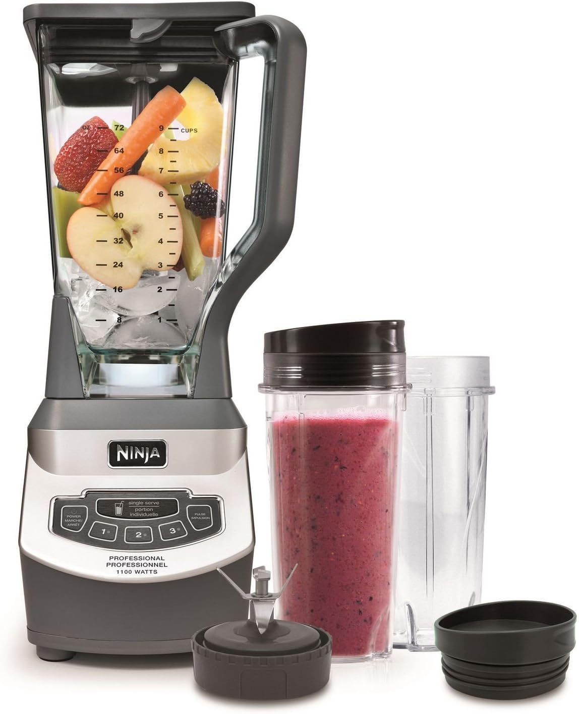 Ninja BL660C Professional Countertop Blender With 1100-Watt Base,72Oz Total Crushing Pitcher and(2)16 Oz Cups For Frozen Drinksand Smoothies,Silver/Gray,1100W,(Canadian Version)Silver/Grey,7.8 Pounds - PuriLite