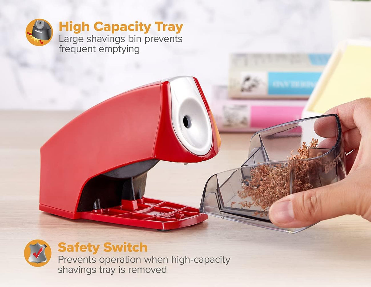 Bostitch Office Personal Electric Pencil Sharpener, Powerful Stall-Free Motor, High Capacity Shavings Tray, Red (EPS4-RED) - PuriLite