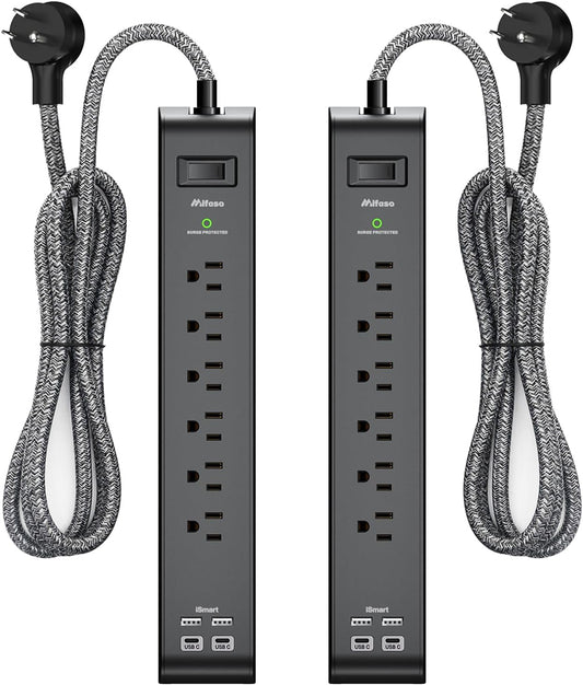 2 Pack Power Bar - Extension Cord with 6 Outlets 4 USB Ports, Surge Protector Heavy-Duty Braided Extension Cords 15A Circuit Breaker Wall Mount for Home Office ETL Listed (5FT, Black) - PuriLite