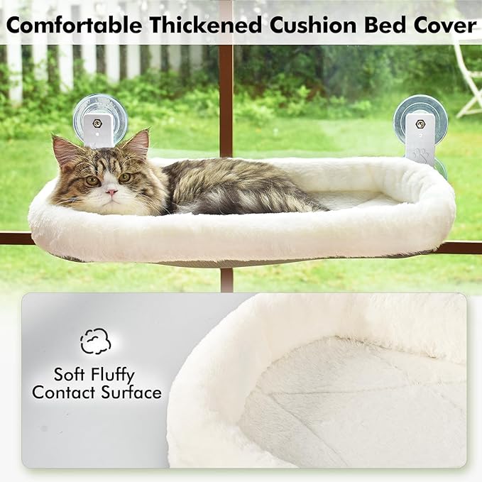 AMOSIJOY Cordless Cat Window Perch, Cat Hammock for Window with 4 Strong Suction Cups, Solid Metal Frame and Soft Cover, Foldable Cat Beds for Indoor Cats… - PuriLite