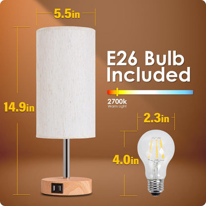 Yarra-Decor Bedside Table Lamp with USB Port - Touch Control for Bedroom Wood 3 Way Dimmable Nightstand Lamp with Round Flaxen Fabric Shade for Living Room, Dorm, Home Office (LED Bulb Included) - PuriLite