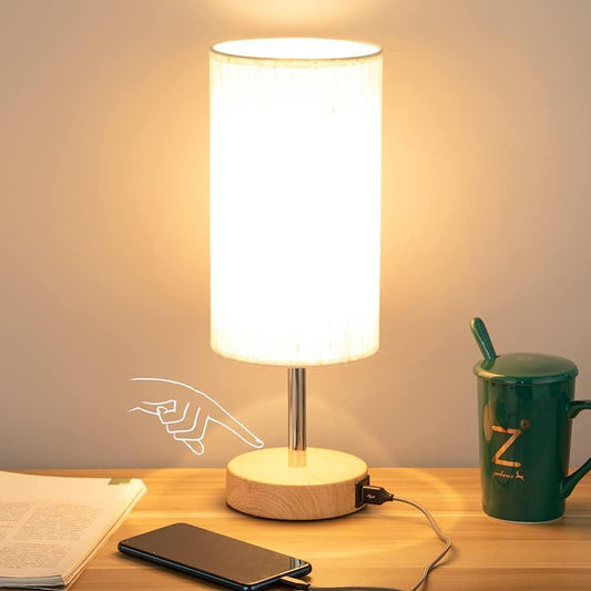 Yarra-Decor Bedside Table Lamp with USB Port - Touch Control for Bedroom Wood 3 Way Dimmable Nightstand Lamp with Round Flaxen Fabric Shade for Living Room, Dorm, Home Office (LED Bulb Included) - PuriLite