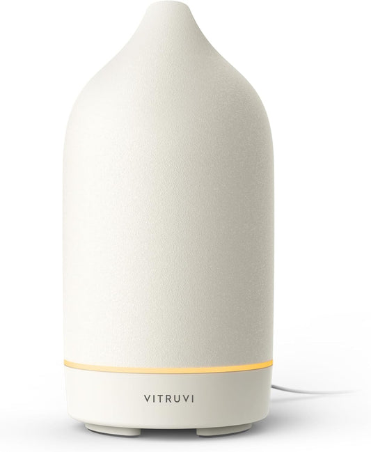 Vitruvi Stone Diffuser, Ceramic Ultrasonic Essential Oil Diffuser for Aromatherapy | Ceramic Diffuser, Diffusers for Home, Oil Diffuser, Housewarming Gift | White, 90ml Capacity - PuriLite
