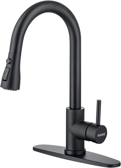 HUAAKE Kitchen Faucet with Pull Down Sprayer, Multi-Function Stainless Steel Single Handle High Arc Kitchen Sink Faucet, 360° Swivel Modern Commercial Kitchen tap with Deck Plate - PuriLite