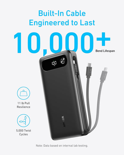 Anker Power Bank, 20,000mAh Portable Charger with Built-in USB-C Cable, 87W Max Fast Charging Battery Pack for Laptop, 2 USB-C and 1 USB-A, for MacBook, iPhone 16/15 Series, Samsung, Switch, and More - PuriLite