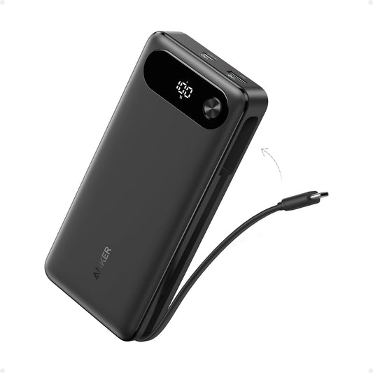 Anker Power Bank, 20,000mAh Portable Charger with Built-in USB-C Cable, 87W Max Fast Charging Battery Pack for Laptop, 2 USB-C and 1 USB-A, for MacBook, iPhone 16/15 Series, Samsung, Switch, and More - PuriLite