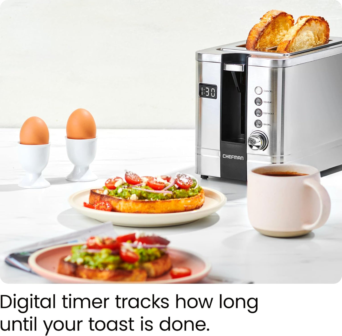 Chefman 2-Slice Digital Toaster, Pop-Up, Stainless Steel, Extra-Wide Slots For Bagels, Defrost, Reheat, Cancel Functions, Removable Crumb Tray, Stainless Steel - Digital - PuriLite