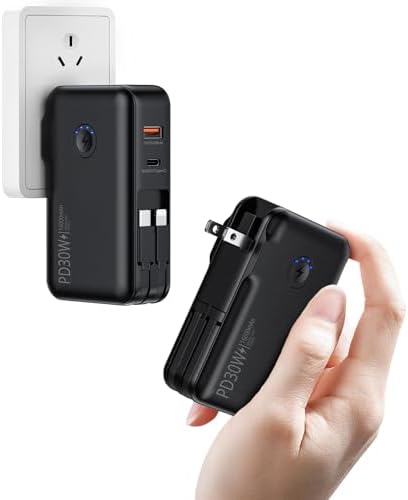 Portable Charger, Power Bank, 16000mAh Power Bank Built-in AC Wall Plug and Cables, PD 30W and QC4.0 Fast Charger for iPhone and Android Phones and Most Electronic Devices (Black) - PuriLite