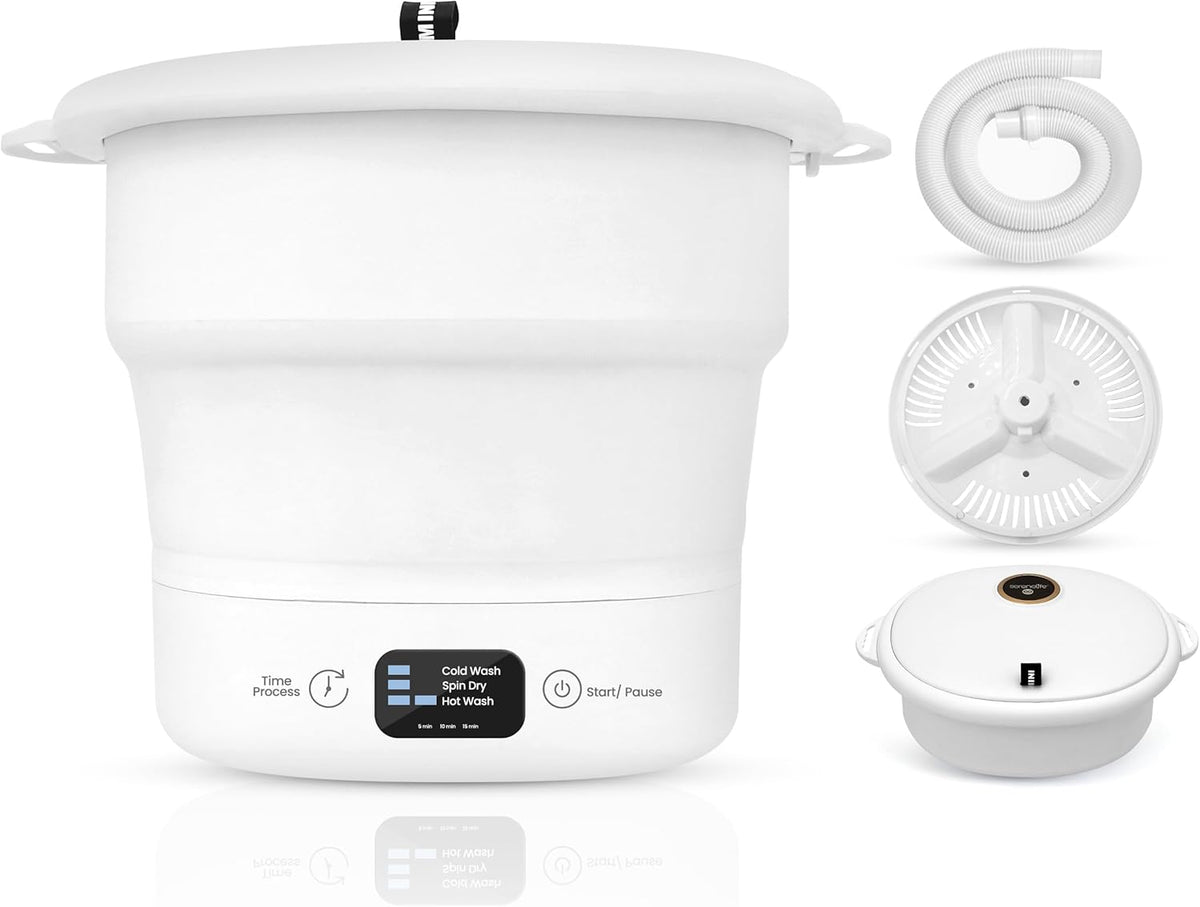 SereneLife Portable Mini Washing Machine – Compact, Foldable Washer for Travel, Dorms, and Camping – Semi-Automatic, Energy-Saving Design – Includes Power Cord & Lid Cover, White - PuriLite
