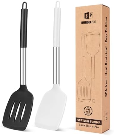 Pack of 2 Silicone Slotted Spatula,Non Stick Solid Kitchen Turner, High Heat Resistant BPA Free Cooking Utensils for Fish, Eggs, Pancakes（Black - PuriLite