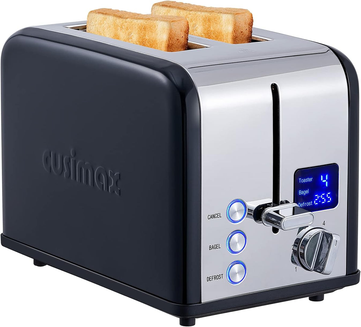 Toaster 2 Slice, CUSIMAX Stainless Steel Toaster with Large LED Display, Bread Toaster 1.5'' Extra-wide Slots with 6 Browning Settings, Cancel/Bagel/Defrost Function, Removable Crumb Tray, Black - PuriLite