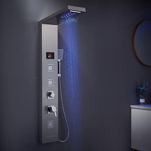 LED Shower Panel Tower System Black, MENATT 304 Stainless Steel 5-Function Shower Panel Rainfall Waterfall Shower Rain Massage System with Body Jets - PuriLite