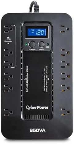 CyberPower EC850LCD Ecologic Battery Backup & Surge Protector UPS System, 850VA/510W, 12 Outlets, ECO Mode, Compact, Uninterruptible Power Supply - PuriLite