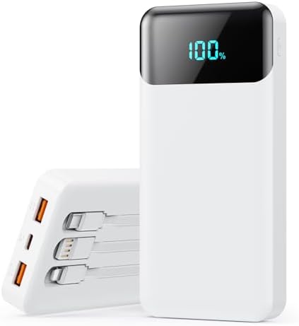 Power Bank 40800mAh Portable Charger with 3 Built-in Cable,25W PD USB C in&Out Power Bank Fast Phone Charging,QC4.0 LED Display Portable Battery Pack Compatible with iPhone 16/15,Samsung Android-Black - PuriLite