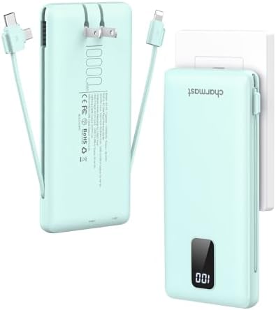 Charmast Portable Charger with Built-in Cables and Plug, 10000mAh USB C Power Bank Fast Charging 15W, External Battery Pack Slim, Travel Essentials Compatible with 16 15 14 13, Samsung Galaxy, iPad - PuriLite