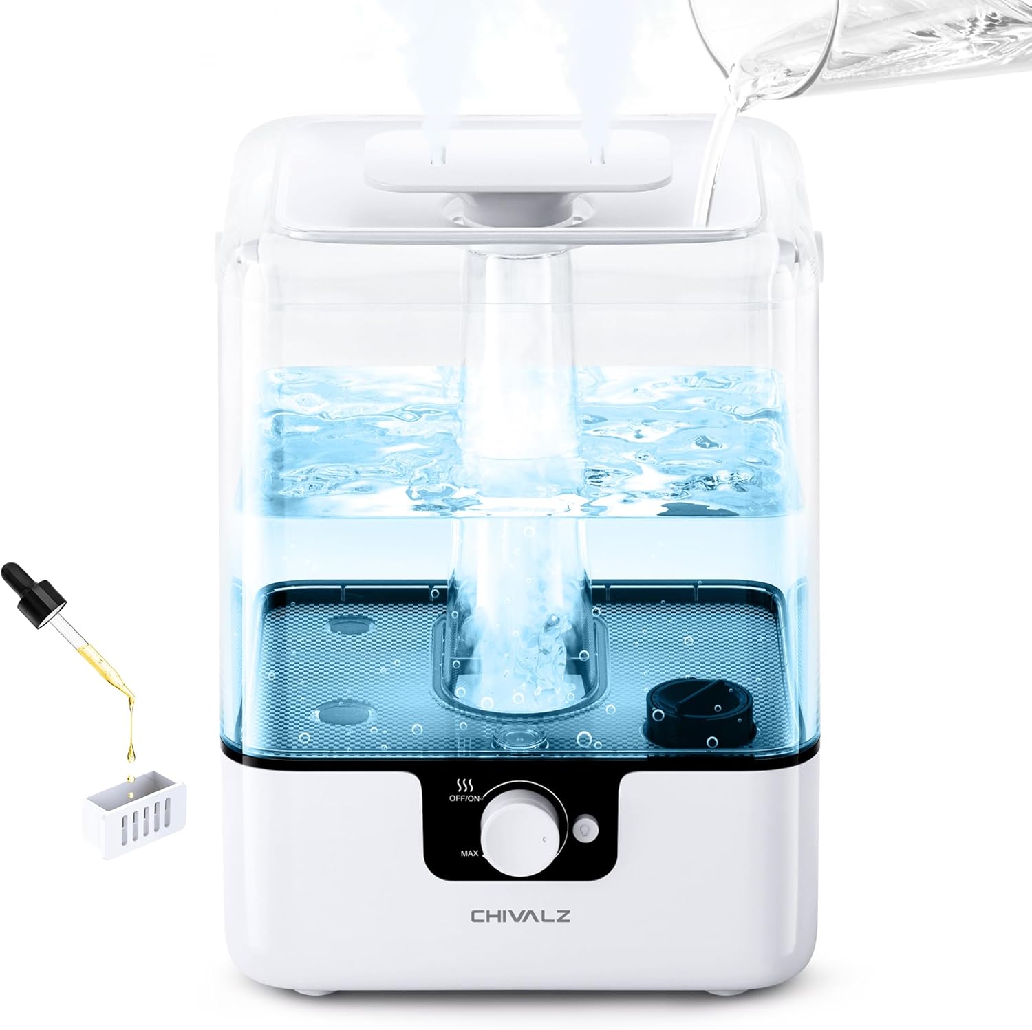 6L Humidifiers for Bedroom Large Room Home, CHIVALZ Cool Mist Top Fill Humidifier for Baby Nursery and Plants, 26dB Quiet, Nightlight, 50H Runtime, Oil Diffuser, 360° Nozzle Anti-dry Burn White - PuriLite