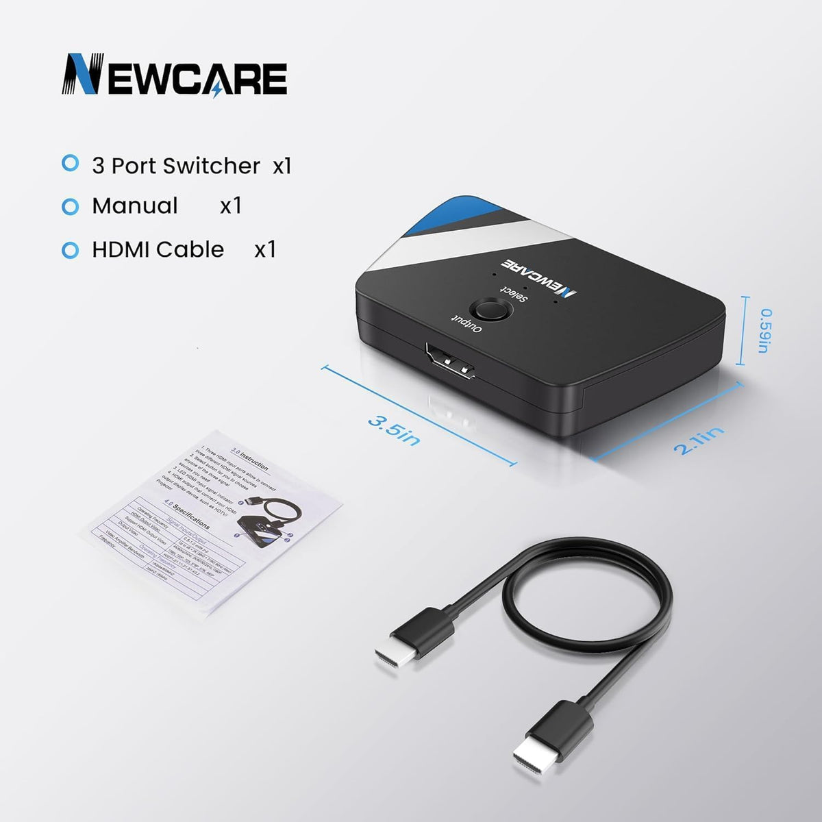NEWCARE 4K@60Hz HDMI Switch 3 in 1 Out, HDMI Switcher 3X1 with HDMI Cable, 3-Port HDMI Switch Box Supports HDCP2.2, HDMI2.0, 3D, HDR, 1080P for PS4/PS5 Xbox Fire Stick PC HDTV DVD Player - PuriLite