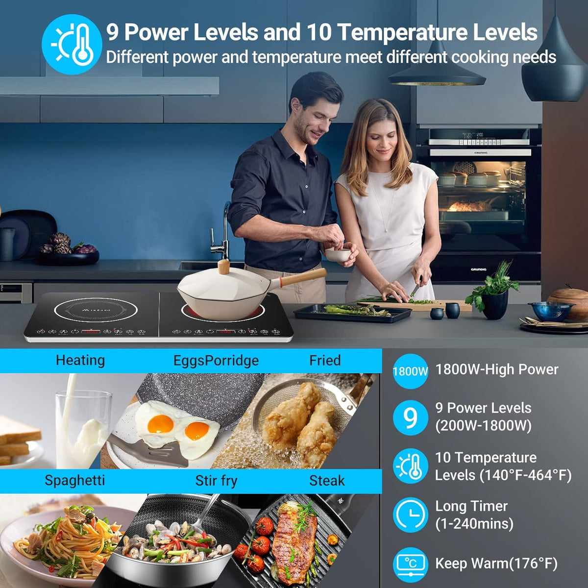 Aobosi Double Induction Cooktop,Portable Induction Cooker with 2 Burner Independent Control,Ultrathin Body,10 Temperature,1800W-Multiple Power Levels,4 Hour Timer,Safety Lock - PuriLite