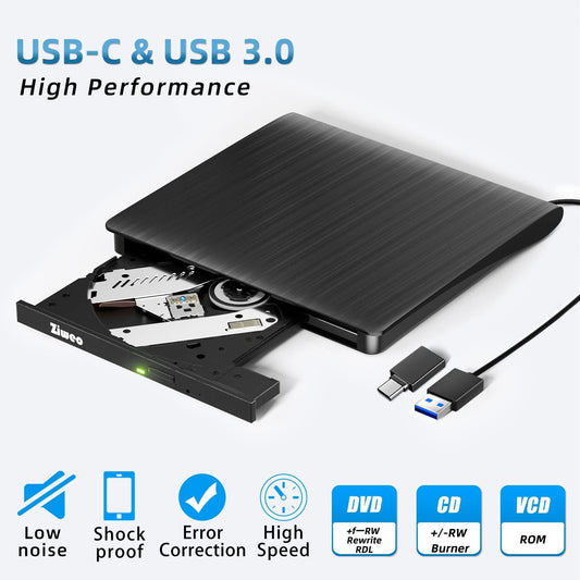 External DVD Drive USB 3.0 Type-C CD Burner Portable CD +/-RW Drive DVD Player for ROM Rewriter Burner Compatible with Laptop Desktop PC Windows MacBook Linux Mac OS - PuriLite