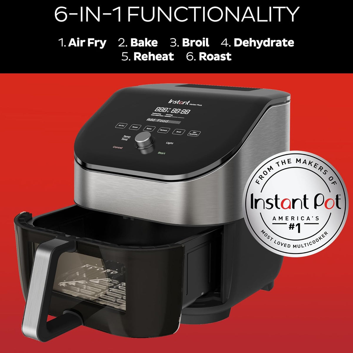 Instant Pot Vortex Plus 6-Quart Air Fryer Oven with ClearCook Cooking Window, Odor Erase Technology, Digital Touchscreen, Includes Free App with over 1900 Recipes, Single Basket, Stainless Steel, 6QT - PuriLite