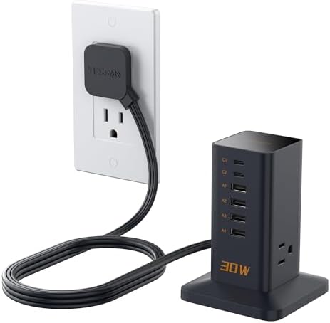 Charging Station, TESSAN 65W Max GaN USB C Charger Block, 6-Ports and 3 AC Outlets Power Tower, Fast Charging for Multiple Devices, Compatible with iPhone, Samsung and More - PuriLite