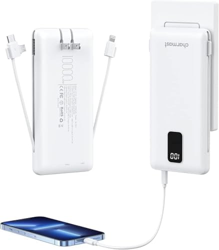 Charmast Portable Charger with Built-in Cables and Plug, 10000mAh USB C Power Bank Fast Charging 15W, External Battery Pack Slim, Travel Essentials Compatible with 16 15 14 13, Samsung Galaxy, iPad - PuriLite