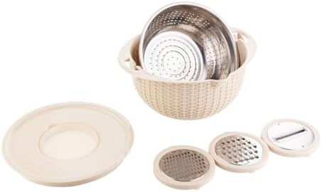 4 in 1 Colander with Bowl Set, Double Layer Fruit Cleaner, Salad Spinner, Rotatable Strainers, for Draining Cooked Pasta, Noodles,Vegetables, Fruits and Rice (Beige) - PuriLite