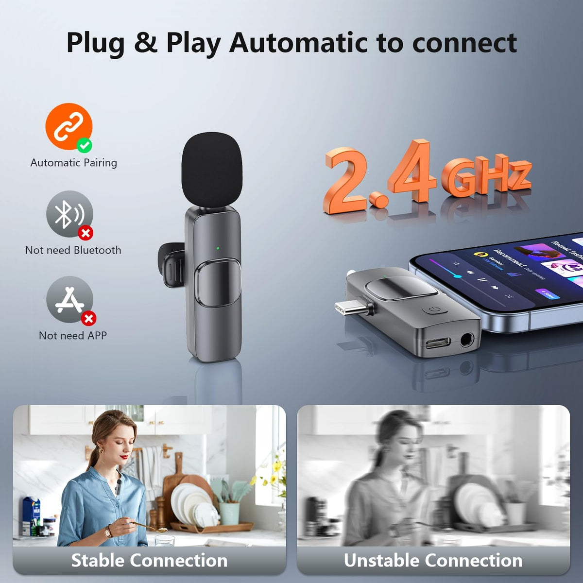 Wireless Lavalier Microphone for iPhone iPad Android Camera, 3 in 1 Mini Microphone Plug-Play Wireless Mic with Noise Reduction for Podcasting, Mini Lapel Mic for Interview Video Vlog YouTube - PuriLite