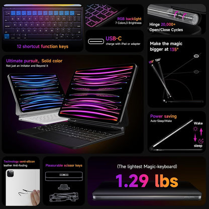 HOU Keyboard Case for iPad Air 11 inch 2024 (M2)&iPad Pro 11 Inch (4th/3rd/2nd/1st) Gen 2022,iPad Air 5th&4th Generation Case with Keyboard,Magic-Stand, Multi-Touch Trackpad,7 Colors Backlight,Black - PuriLite