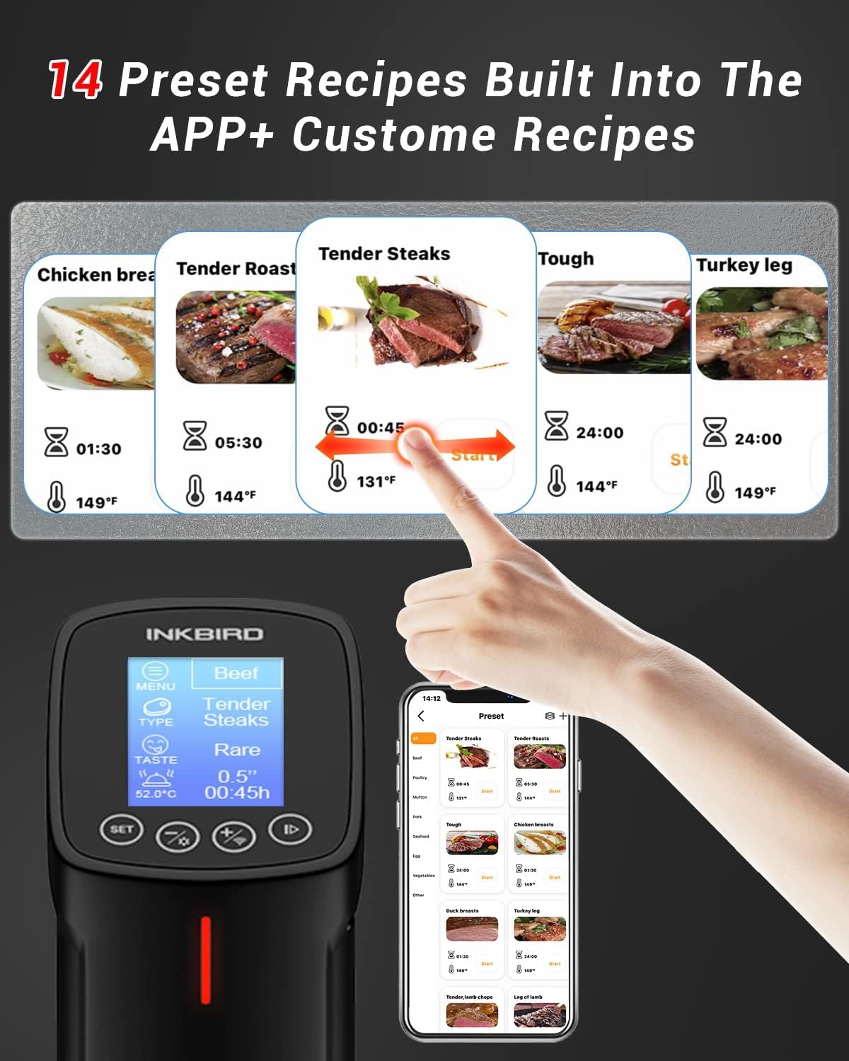 INKBIRD WiFi Sous Vide Cookers, 1000 Watts 3D Power Sous Vide Cooker, Thermal Immersion Circulator with Recipe, Digital Interface, Temperature and Timer for Kitchen, ISV-100W - PuriLite