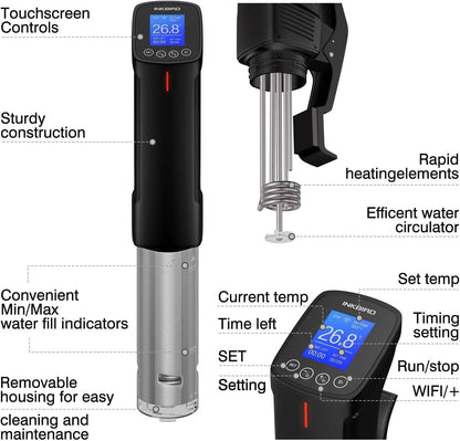 INKBIRD WiFi Sous Vide Cookers, 1000 Watts 3D Power Sous Vide Cooker, Thermal Immersion Circulator with Recipe, Digital Interface, Temperature and Timer for Kitchen, ISV-100W - PuriLite