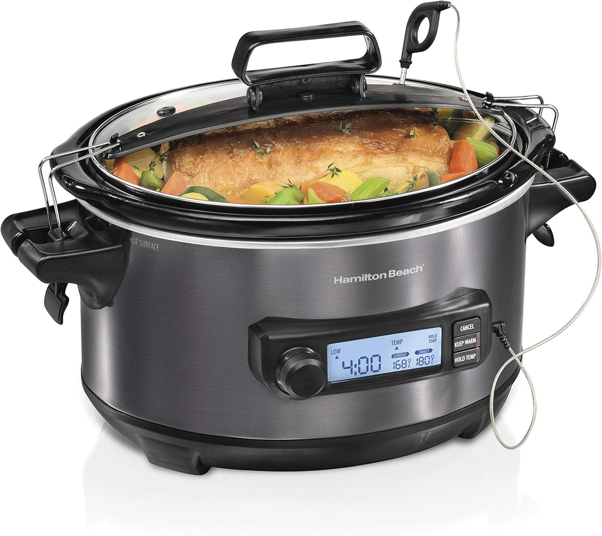 Hamilton Beach Portable 6 Quart Set & Forget Digital Programmable Slow Cooker with Lid Lock, Temperature Probe, Dishwasher Safe Crock & Lid, Black Stainless (33866) - PuriLite