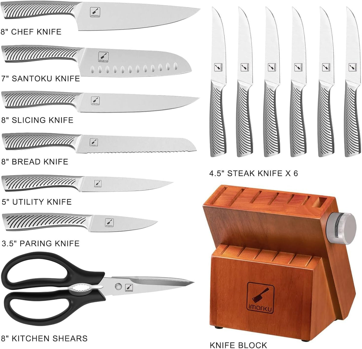 Knife Set, imarku 14-Piece Kitchen Knife Set with Block, Professional Chef Knife Set with Knife Rod, German High Carbon Steel Kitchen Knives Set - PuriLite