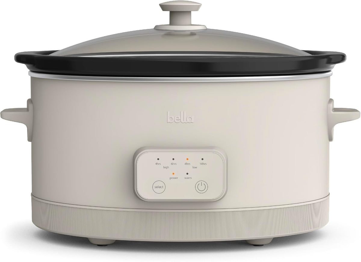 bella 6.0 Qt Programmable Slow Cooker, EverGood™ Ceramic Nonstick Coating, Adjustable Temperature & Cooking Times, Dishwasher Safe Stoneware Pot & Tempered Glass Lid, Tangle Free Cord Wrap, Oatmilk - PuriLite