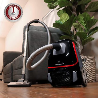 OVENTE Electric Vacuum Cleaner with Speed Control Suction, Adjustable Stainless Steel Wand and Automatic Cord Rewind, Lightweight Cleaning Machine for Hard Floors and Carpets, Black ST1600B - PuriLite