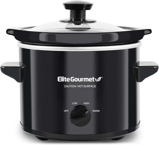 Elite Gourmet MST239X Electric Round Slow Cooker, Adjustable Temp, Entrees, Sauces, Stews & Dips, Dishwasher Safe Glass Lid & Crock, 2 Quart, Black - PuriLite