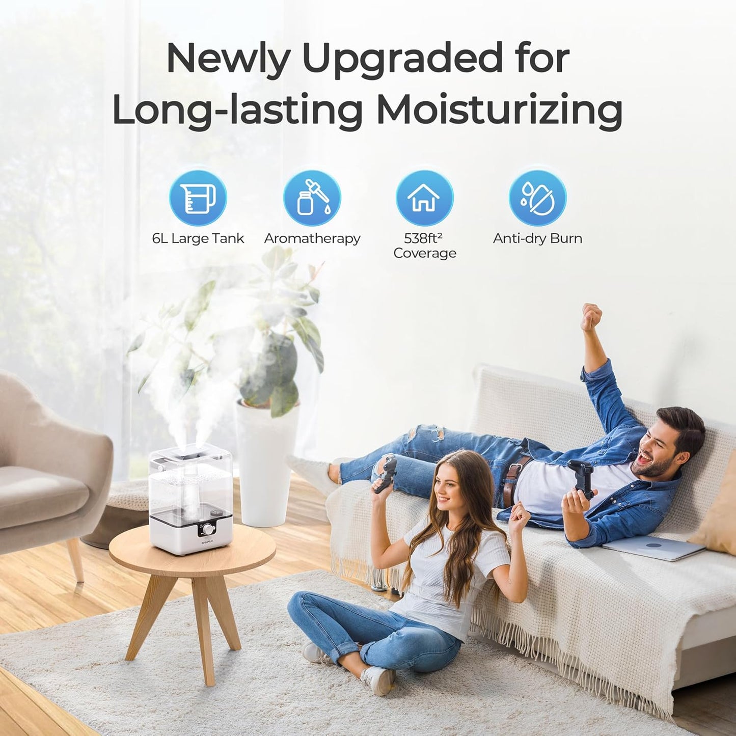 6L Humidifiers for Bedroom Large Room Home, CHIVALZ Cool Mist Top Fill Humidifier for Baby Nursery and Plants, 26dB Quiet, Nightlight, 50H Runtime, Oil Diffuser, 360° Nozzle Anti-dry Burn White - PuriLite