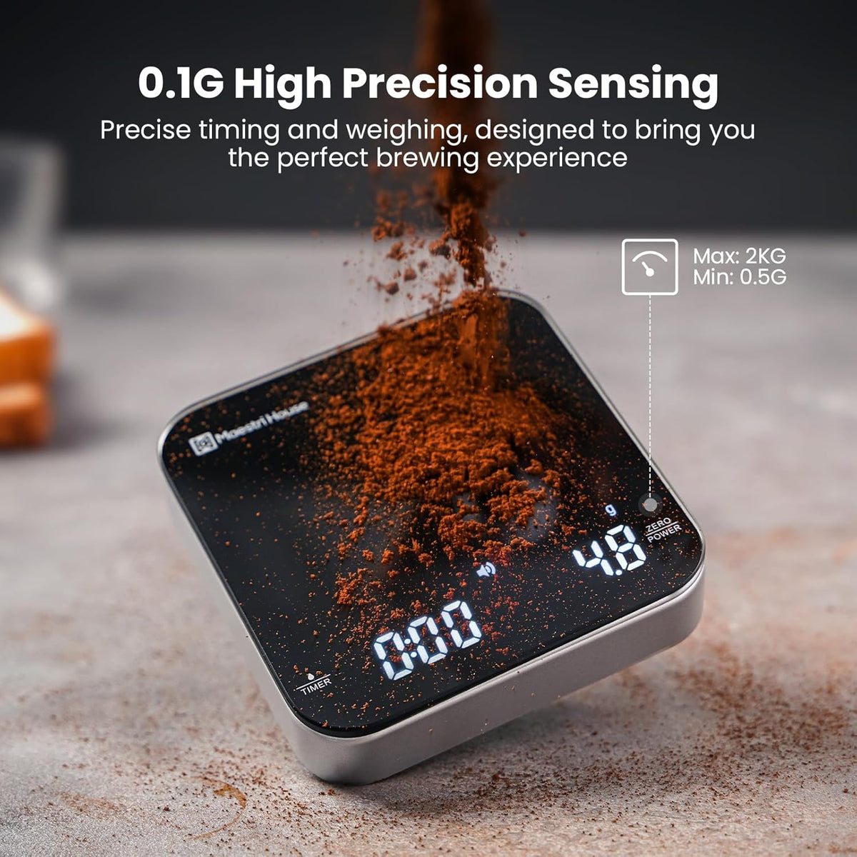 Rechargeable Mini Coffee Scale with Timer, Maestri House Espresso Scale, 2kg/0.1g Accurate Scale for Espresso and Pour-Over Coffee, Portable Digital Kitchen Scale with Automatic Timing（Black&Silver） - PuriLite
