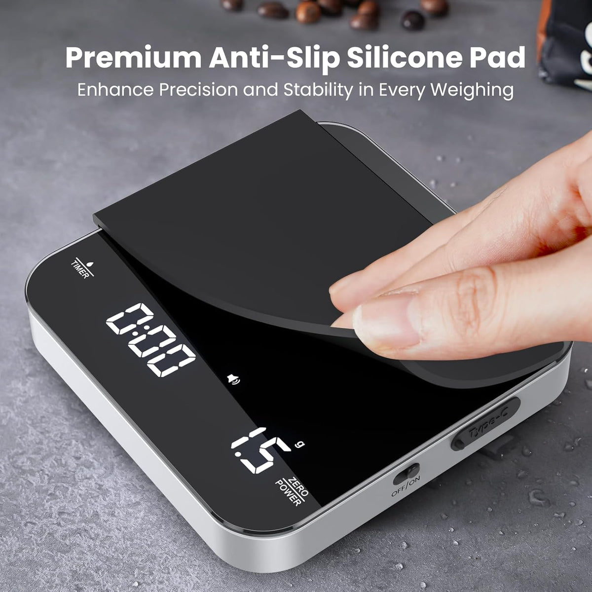 Rechargeable Mini Coffee Scale with Timer, Maestri House Espresso Scale, 2kg/0.1g Accurate Scale for Espresso and Pour-Over Coffee, Portable Digital Kitchen Scale with Automatic Timing（Black&Silver） - PuriLite