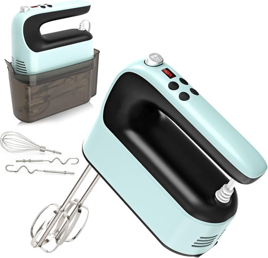 Yomelo 9-Speed Digital Hand Mixer Electric, 400W Powerful DC Motor, Baking Mixer Handheld with Snap-On Storage Case, Touch Button, Turbo Boost, Dough Hooks, Whisk (Ice Blue) - PuriLite
