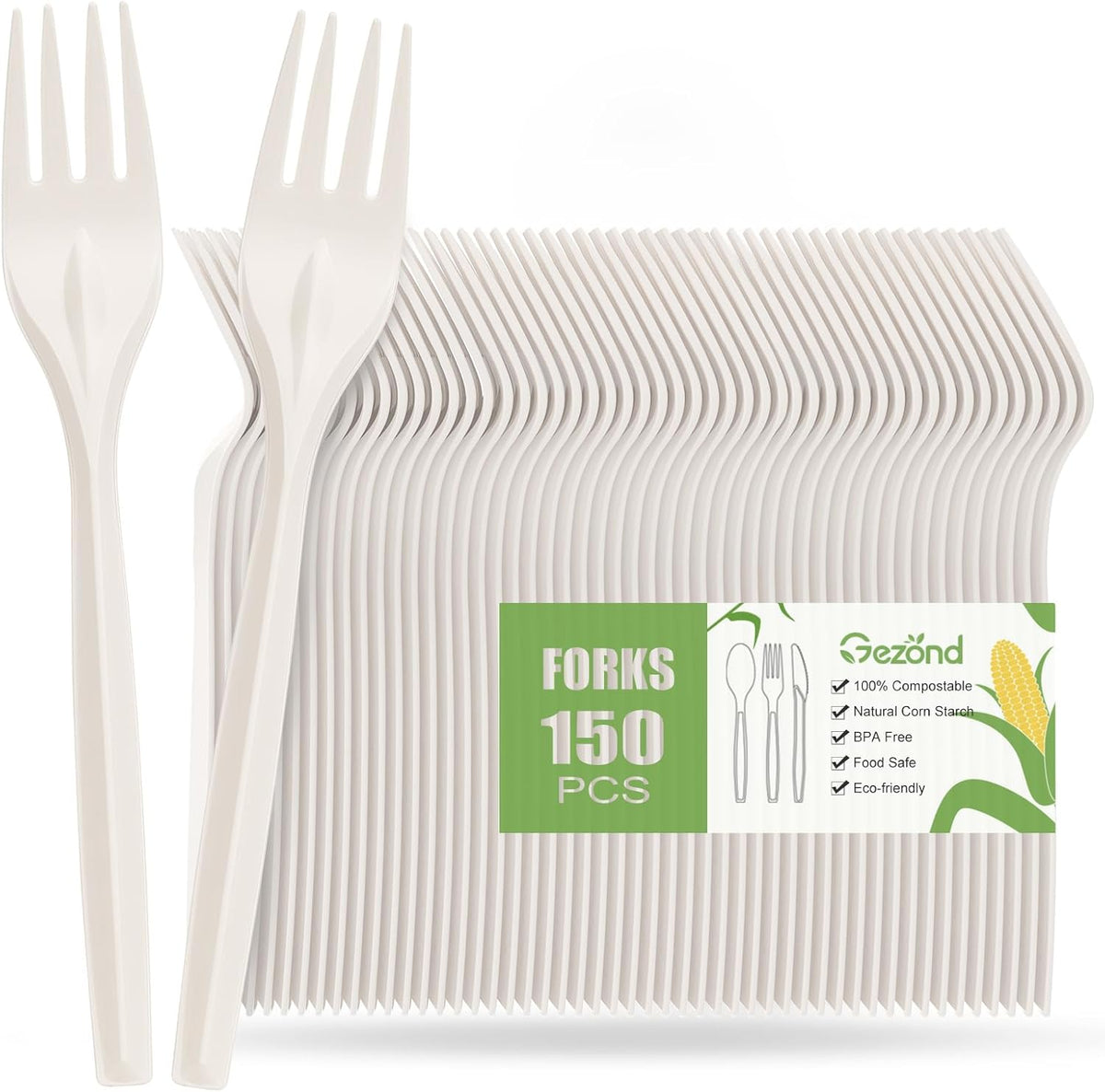 Gezond Compostable Forks 150 Count White Heavy-Duty Forks Disposable Cutlery Set 7 Inch Biodegradable Utensils for Party Supply - PuriLite