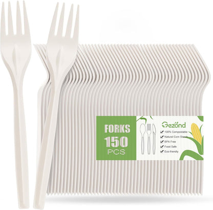 Gezond Compostable Forks 150 Count White Heavy-Duty Forks Disposable Cutlery Set 7 Inch Biodegradable Utensils for Party Supply - PuriLite